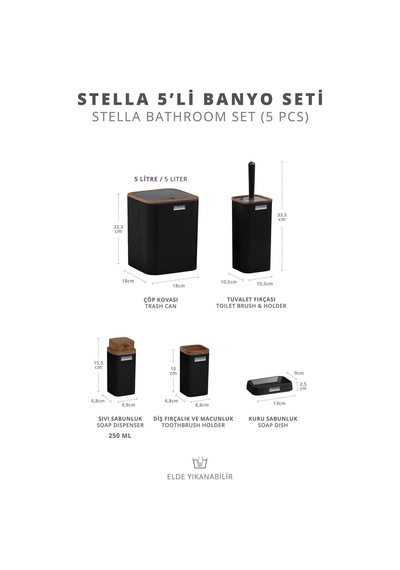 Stella Siyah Ahşap Desenli Çizgili Banyo Seti 5 Parça Plastik