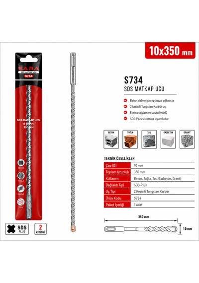 Sara S734 Sds Plus Matkap Ucu 10 X 350 Mm, 2 Kesicili Tungsten Karbür Uçlu