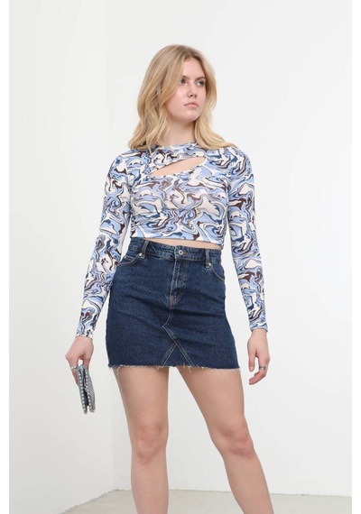 Pencere Detaylı Jakarlı Crop Top 001