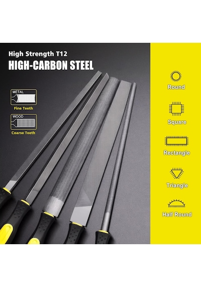Aee 5 Parça Çelik Premium Eğe Seti 8'' 33 Cm Büyük Boy Çelik Eğe Takımı Balık Sırtı, Üçgen, Kare, Yuvarlak Ve Düz Geniş Ergonomik Saplı Dayanıklı Metal Ahşap Zımpara Çantalı Eğe Seti