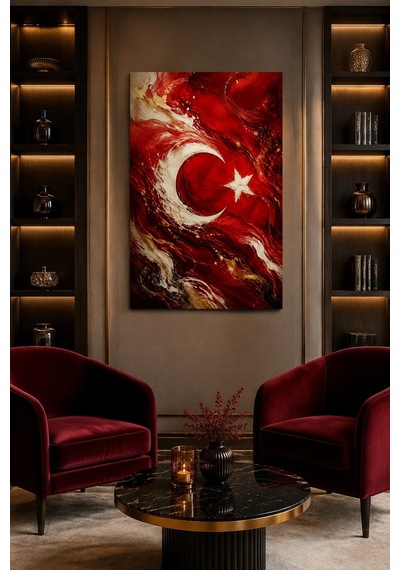 Türk Bayrağı Temalı Baskılı Cam Tablo Soyut Sanat Uv Baskı Duvar Dekoru