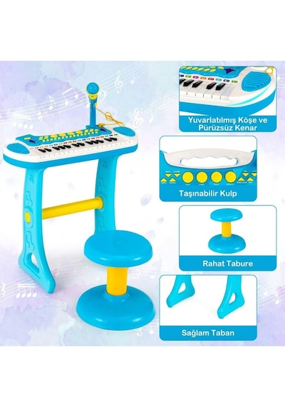 Çocuk Piyano Org Seti Mikrofonlu Tabureli - 31 Tuşlu Işıklı Sesli Eğitici Müzik Aleti Oyuncağı