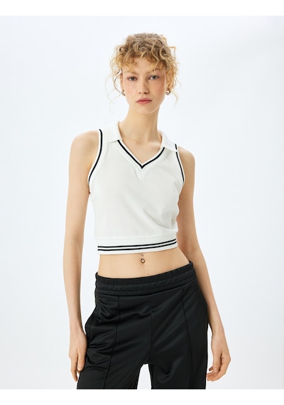 Koton Slim Fit Kolsuz Polo Yaka Biyeli Crop Tişört Ekru 5sal30041ık Ekru