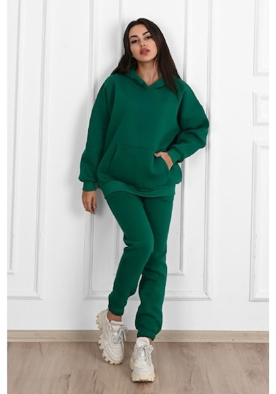 Düz Basic Eşofman Takımı Sweatshirt Jogger - Yeşil Oversize Şardonlu Kapüşonlu Yeşil