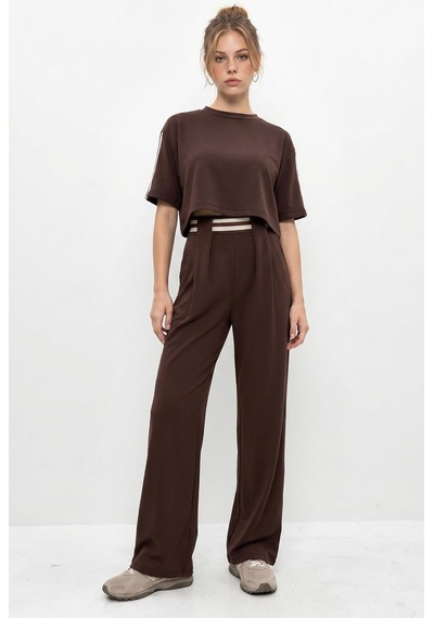 Shade Kadın Çizgi Detaylı Crop Bluzlu Yüksek Bel Modal Takım 4136 60286285 - Acı Kahve Çok Renkli