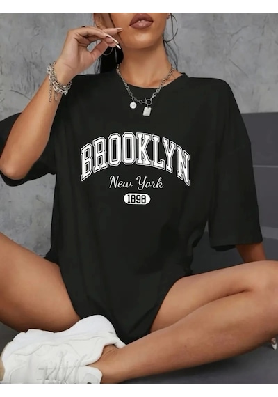 De'charme Baskılı Oversize Bisiklet Yaka T-shirt - Siyah