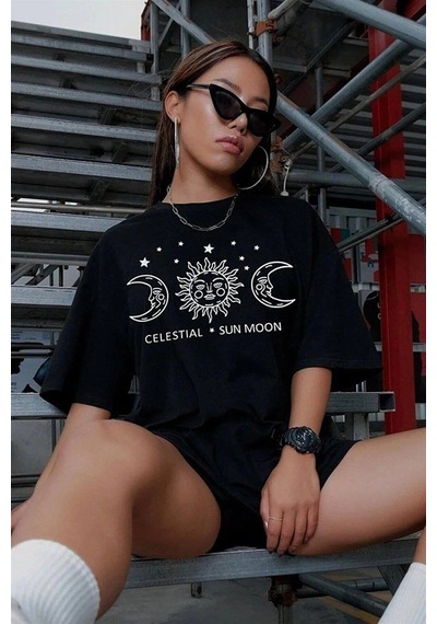 Novalisse Kadın Baskılı T-shirt Kısa Kol Bisiklet Yaka Oversize Rahat Kalıp Tişört - Siyah Çoklu Renk