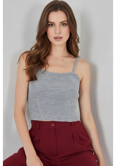 Hiccup Bdart Kare Yaka Ribana Örgü Crop Top Gri