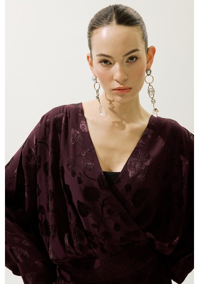 Manuka Jakarlı Saten Kimono Bordo Bordo