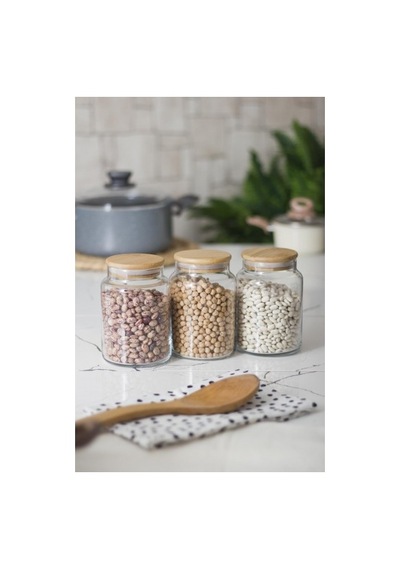 3 Lü Set Bambu Kapaklı Cam Kavanoz & Erzak Saklama Kabı 800 Ml Orta Boy Vakum Kapak Düz Renkli