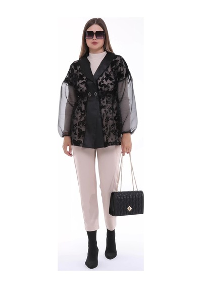 Furrier Organze Flok Baskılı Saten Detaylı Ceket Siyah
