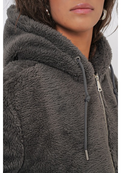 Bigdart 5193 Kapüşonlu Peluş Crop Ceket - Antrasit
