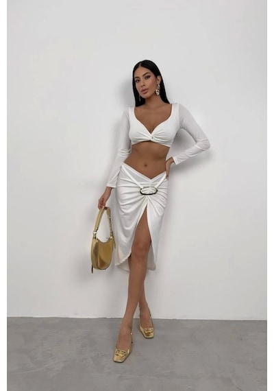 Defymoda Toka Detay Asimetrik Etek Ekru