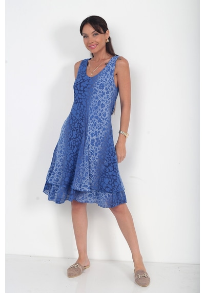 By Saygı Kadın İtalyan Cotton Leopar Desenli Astarlı Sıfır Kol Midi Elbise Saks