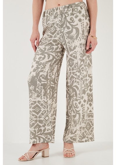 Lela Desenli Standart Fit Yüksek Bel Geniş Paça Bayan Pantolon 5869019 Olive