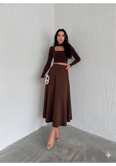 Ozy Fashion Kadın Süet Kloş Etek Koyu Kahverengi