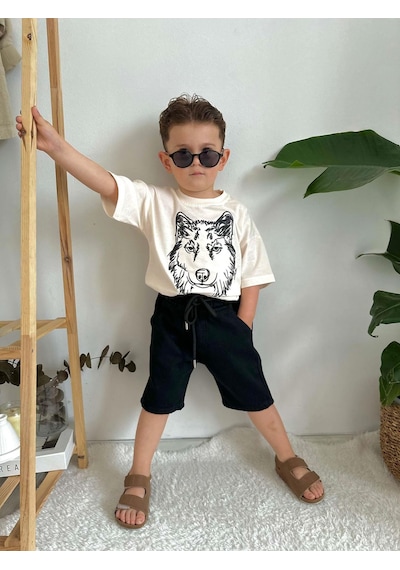 Erkek Çocuk Kurt Modelli Kot Şortlu Pamuk Takım Siyah