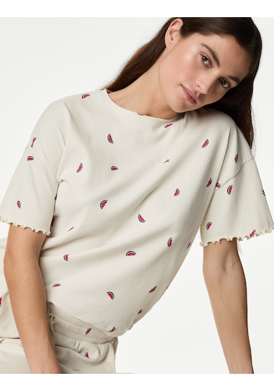 Marks & Spencer Regular Fit Kısa Kollu Pijama Üstü T37003510T Krem Mix