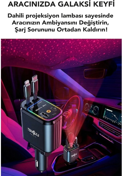 60 Watt Araç İçi Çakmaklık Süper Fast 4 Cihazı Aynı Anda Hızlı Şarj Led Tavan Aydınlatma 3.4a