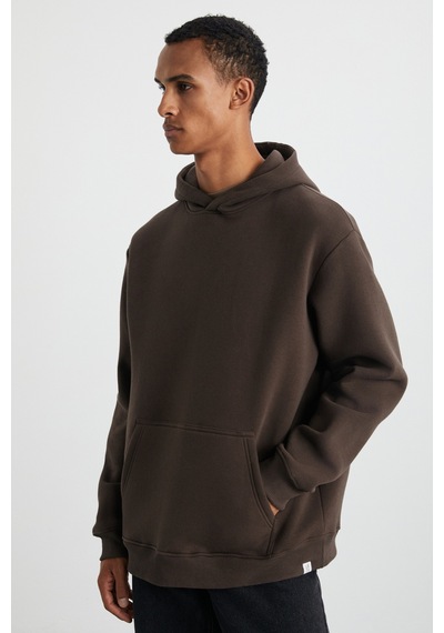 Grımelange CARTMEL Erkek Örme 3 İplik Relaxed Fit Rahat Kalıp Kanguru Cepli Kapüşonlu Kahverengi Sweatshirt