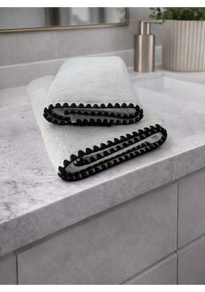 Siyah İstiridye Dikişli %100 Pamuk Yumuşak Dokulu Yüksek Su Emici 2'li Banyo Havlu Seti 50x90-70x130 Krem