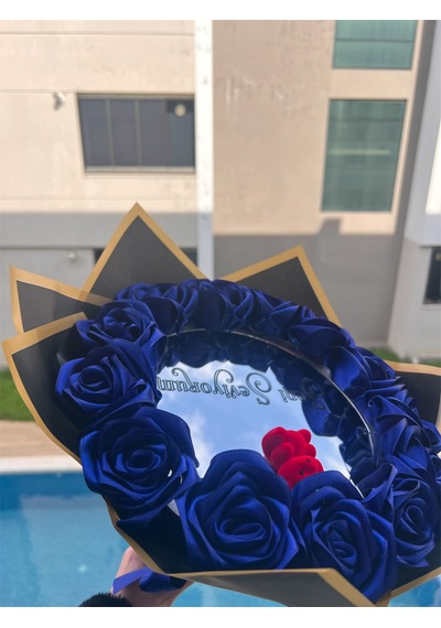 E-Çiçek Mavi Aynalı Gül Buketi Saks Mavi