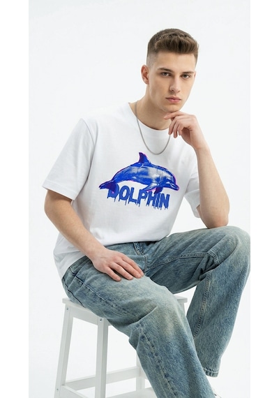 Erkek Beyaz Dolphin Baskılı Bisiklet Yaka Kısa Kollu Oversize Tişört