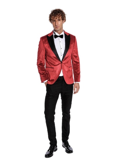 Wessi Simli Slim Fit Kadife Kırmızı Erkek Smokin Ceket - Kırmızı