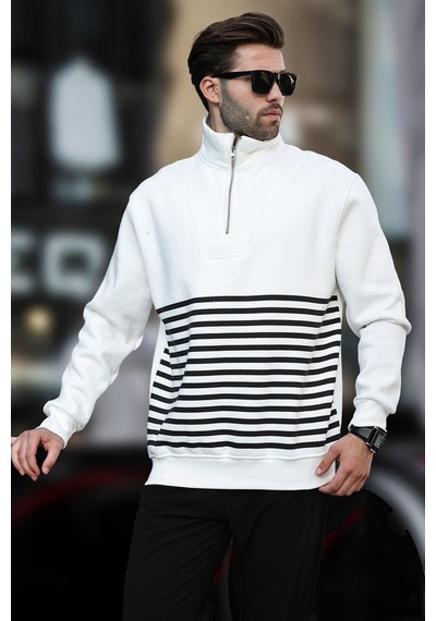 Madmext Ekru Fermuar Yakalı Çizgili Sweatshirt 7056-ekru Ekru