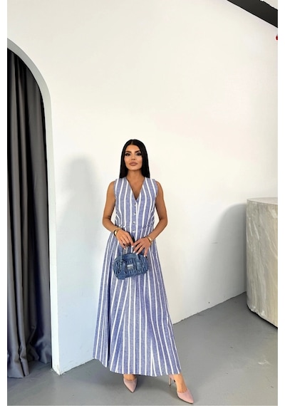 Defymoda Keten Çizgili Yelek - Uzun Etek Takım - Mavi Mavi