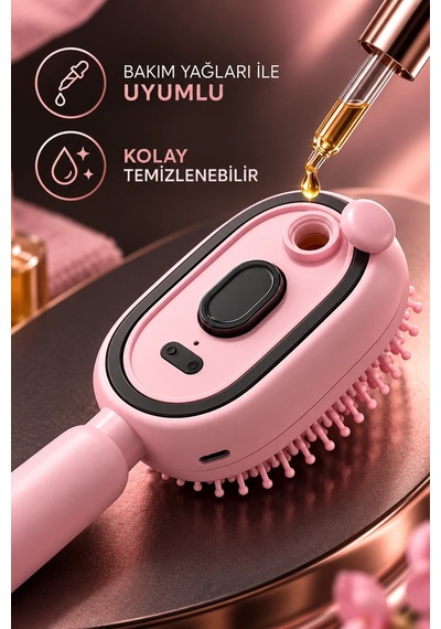 Elektrikli Spreyli Saç Tarağı 300 Mah Type C Şarjlı İnce Spreyli Antistatik Bakım Fırçası Pembe