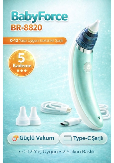 Babyforce BR-8820 0-12 Yaş Şarjlı Bebek Burun Aspiratörü 5 Kademe Güçlü Vakum Açık Yeşil