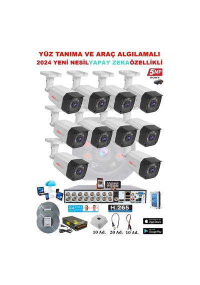 10 Kameralı Yapay Zeka Özellikli Yüz Tanıma ve Araç Algılamalı 5 Mp Kuruluma Hazır Kamera Seti