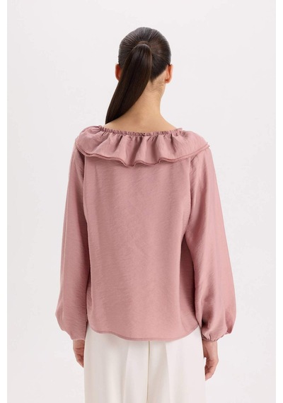 DeFacto Regular Fit Fırfırlı V Yaka Basic Düz Uzun Kollu Bluz E3393AX24WNPN429 Pembe