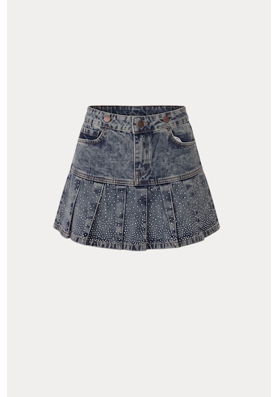 CEMO Taş Detaylı Pileli Denim Mini Etek Buz Mavisi