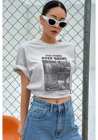 Unisex Keepgoing Baskılı Tasarım Tshirt Gri