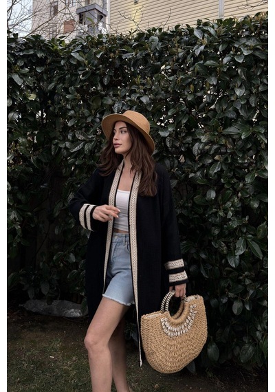 WeShaya Kadın Siyah Müslin Kumaş, Hasır Şerit Detaylı Salaş Kimono Ceket Siyah