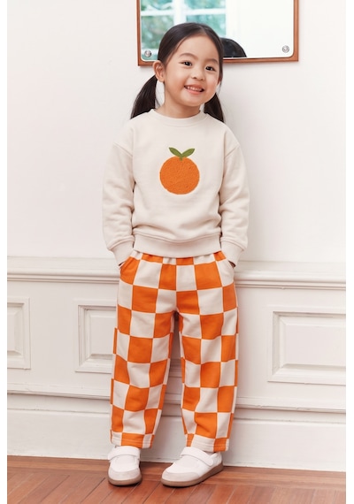 Magu Çocuk Portakal Nakışlı Ekru Sweatshirt Ve Turuncu Dama Eşofman Takımı Çok Renkli