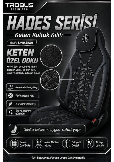 Honda Civic Fe Kasa 2021 Ve Sonrası Uyumlu Hades Serisi Keten Koltuk Kılıfı Siyah Beyaz