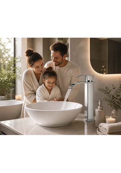Krom Şelale Lavabo Bataryası Uzun Çanak Lavabo Musluğu Modern Çift Su Girişli Banyo Armatürü Paslanmaz Faucet Siyah