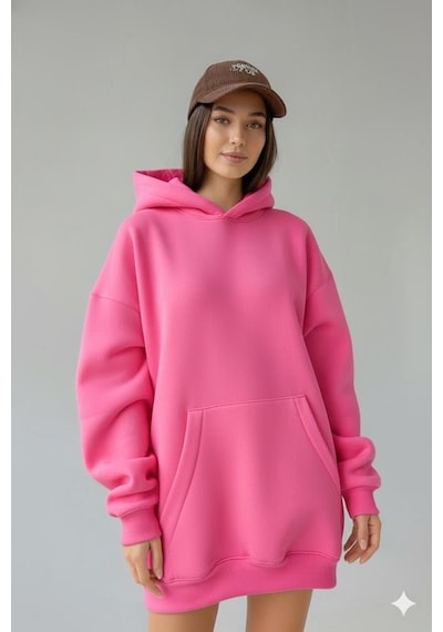 Afri Kadın Oversize Pembe Sweatshirt 3 İplik Şardonlu Kapüşonlu Cepli Rahat Kalıp Pembe