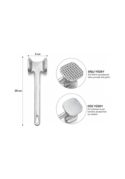 Çift Yüzeyli Metal Et Dövme Çekici Dişli Ve Düz Başlıklı, Et Yumuşatıcı,dayanıklı Metal Gövdeli Ev Kullanımına Uygun Gri