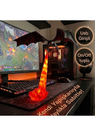 Ejderha Alev Püskürten Masa Lambası Dekoratif Gaming Oda Lambası Siyah -turuncu