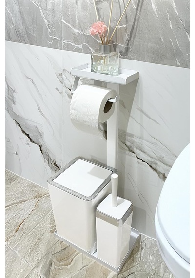 3'ü 1 Arada Banyo Seti Tuvalet Kağıtlık, Çöp Kovası Ve Tuvalet Fırça Takımı Krom Beyaz Diğer