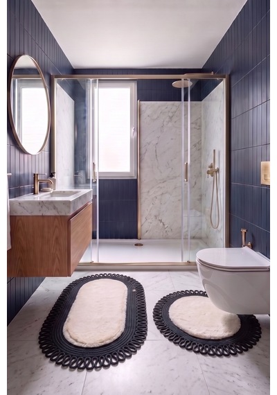 Banyo Paspası Takımı 60x100+60x60 Cm Dış Trikot Bej & Siyah Bej - Siyah