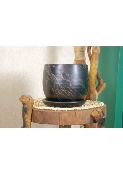Bitki Tasarımı Ev Dekorasyon  Siyah Üzeri Gold Tabaklı Terracota Toprak Saksı Saksılık Salon Çiçeklik 19 CM