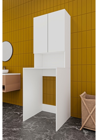 Asra Trend - Çamaşır Makinesi Üstü Banyo Dolabı BD-01 - %100 MDF - İki Kapaklı Organizer Raf - Beyaz
