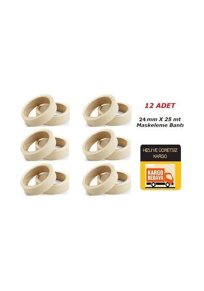 Hediyeli 12 Adet 24 Mm X 25 Mt Maskeleme Bandı Kağıt Bant