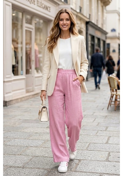 Hb Harma Time Butik Kadın Beli Lastikli Çilek Kumaş Pembe Salaş Pantolon Pembe Pembe