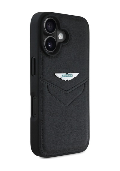 Apple Uyumlu iPhone 16 Kılıf Aston Martin Lisanslı Victory Dizayn Pu Deri Metal Logolu Kapak Siyah